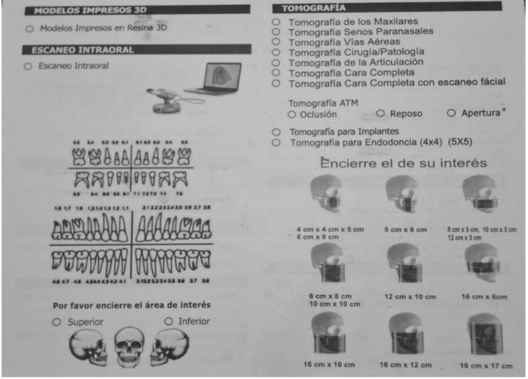 Orden de estudios JOMPA, reverso: tomografías, modelos impresos en 3D, escaneo intraoral y tamaños de campo