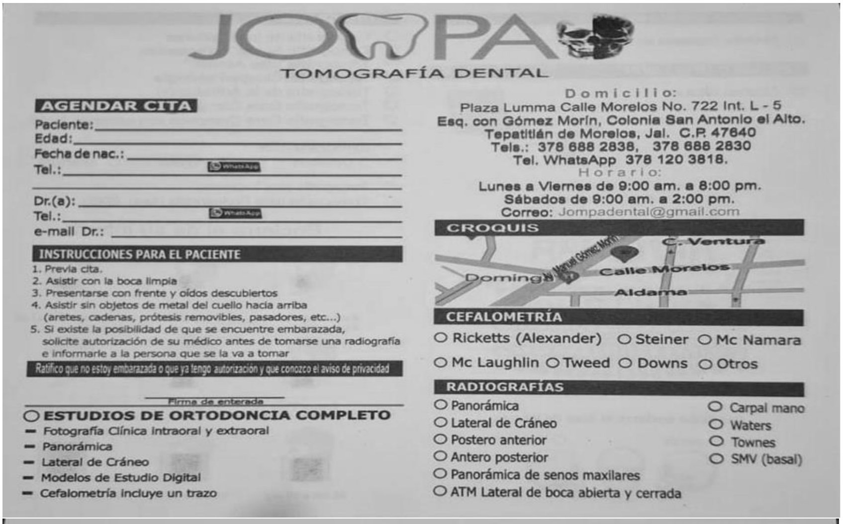 Orden de estudios JOMPA, frente: datos de la cita, instrucciones para el paciente, cefalometría y radiografías